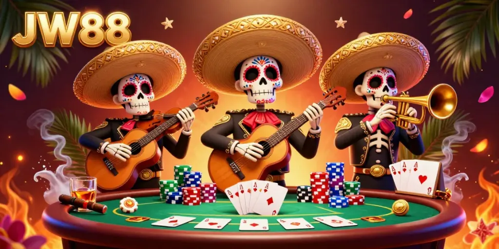 Experience the excitement of JW88 with a vibrant scene featuring a Day of the Dead mariachi band at a lively poker table.