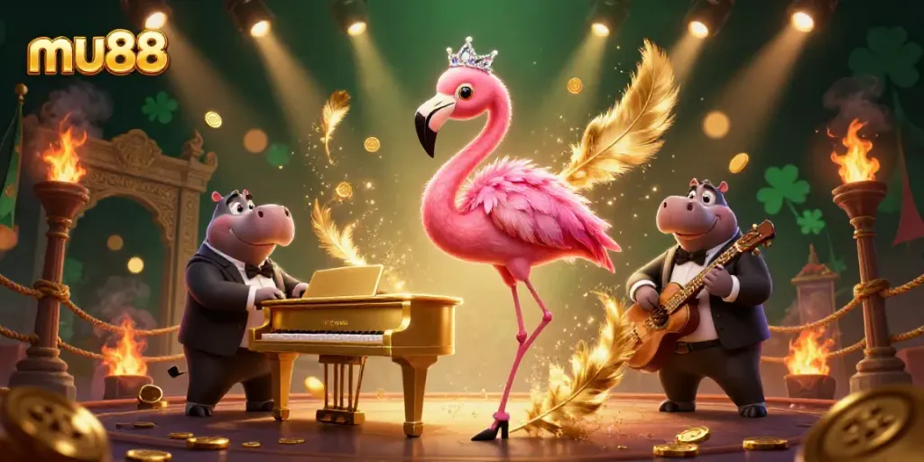 Experience vibrant entertainment at mu88 with a lively scene featuring a flamingo singer and hippo bassist in a casino