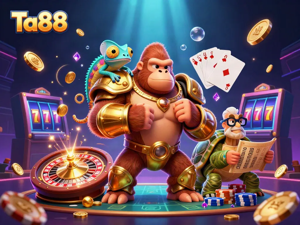 Engage with Ta88's dynamic casino experience featuring a gorilla king and vibrant game elements.