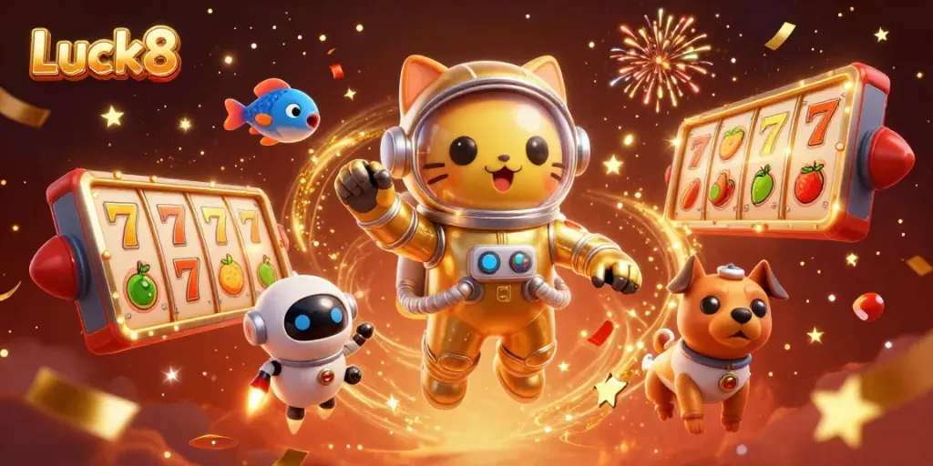 Engage with Luck8's online slots through a dazzling 3D casino scene featuring a cat astronaut and dynamic rewards.