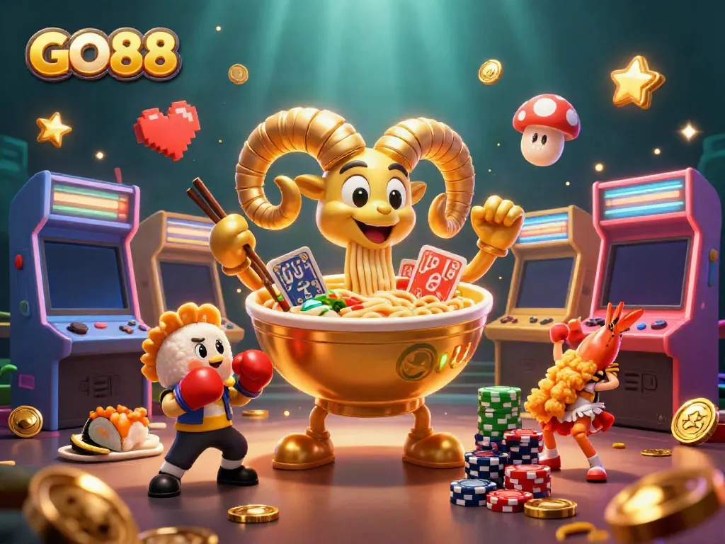 Engage in thrilling casino gaming with GO88 in this vibrant 3D illustrated scene featuring cartoon characters.