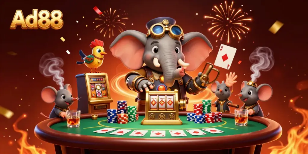 Experience the thrill of Ad88 as a steampunk elephant wins at the slots in a vibrant casino scene.