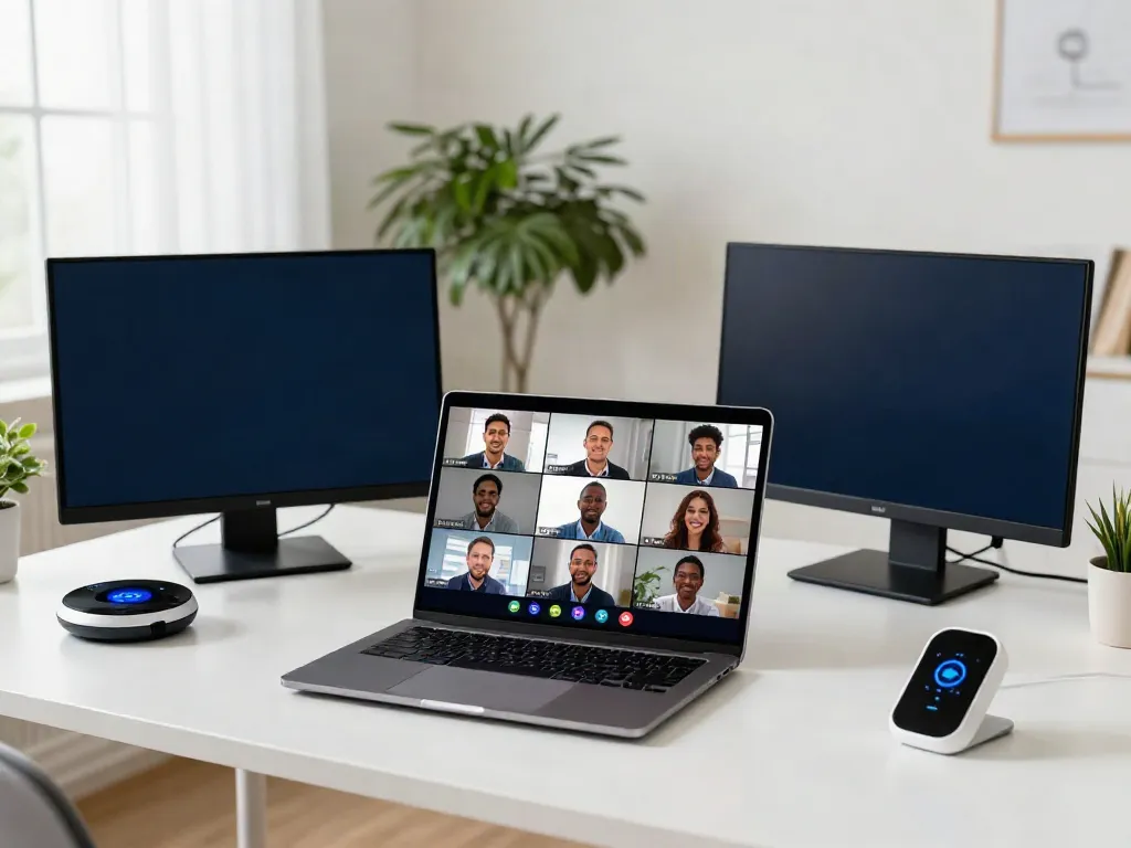 Deepfake protected Conferencing in a modern virtual meeting setup with security features.