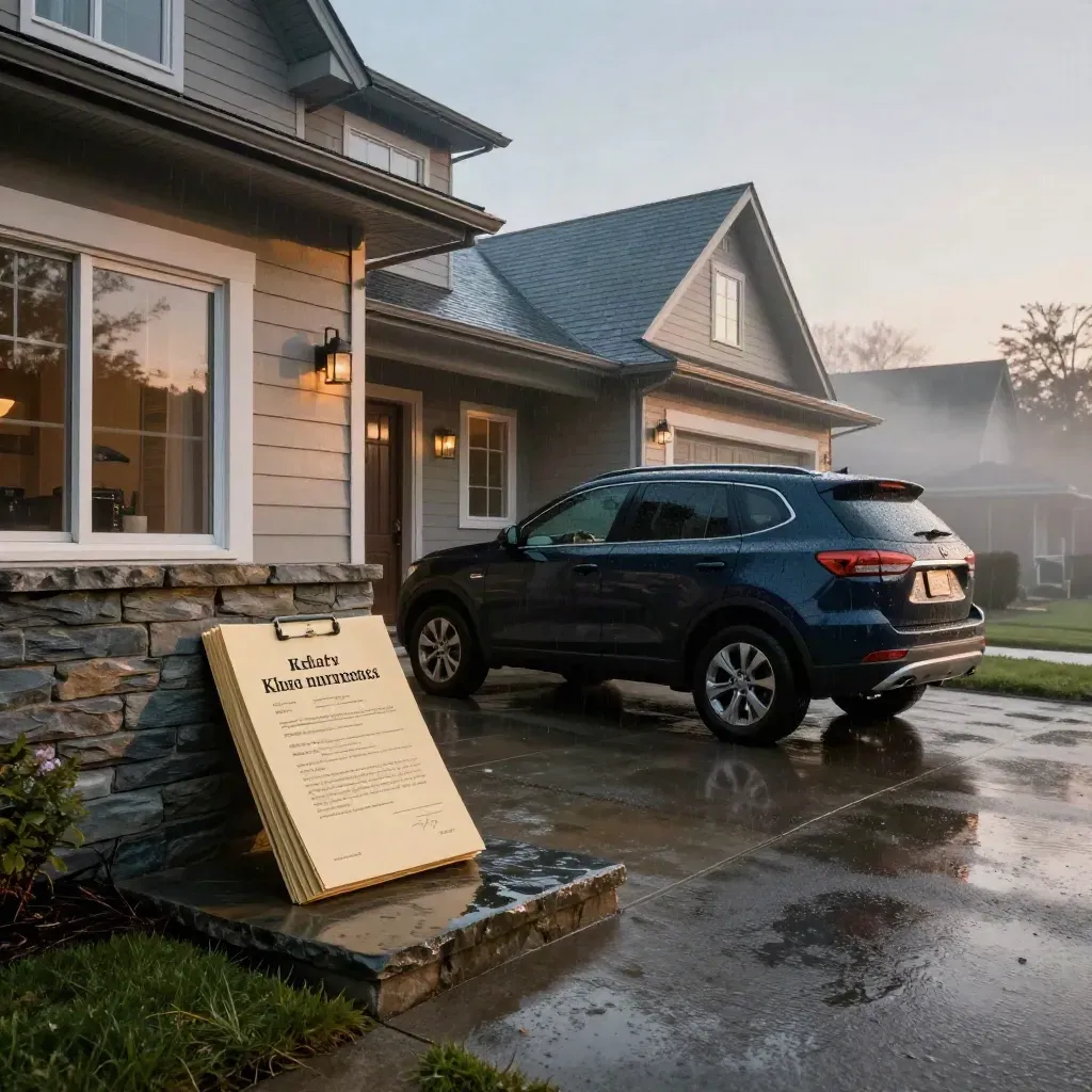 Rain-fresh home, navy SUV, and policy folders on a wet step under storm-cleared blue hour
