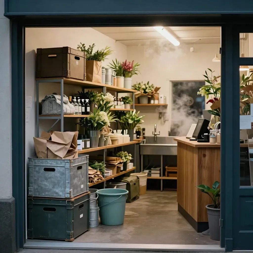 Pre-dawn florist back room with crates, wrapped stems, steam, and a muted teal accent