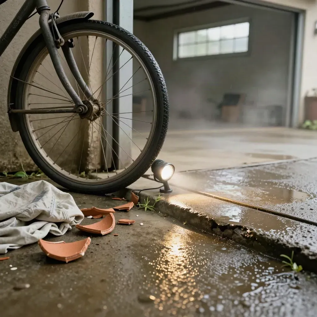 Storm-damaged garage threshold with bike wheel, broken planter, tarp, and flashlight beam on wet concrete.