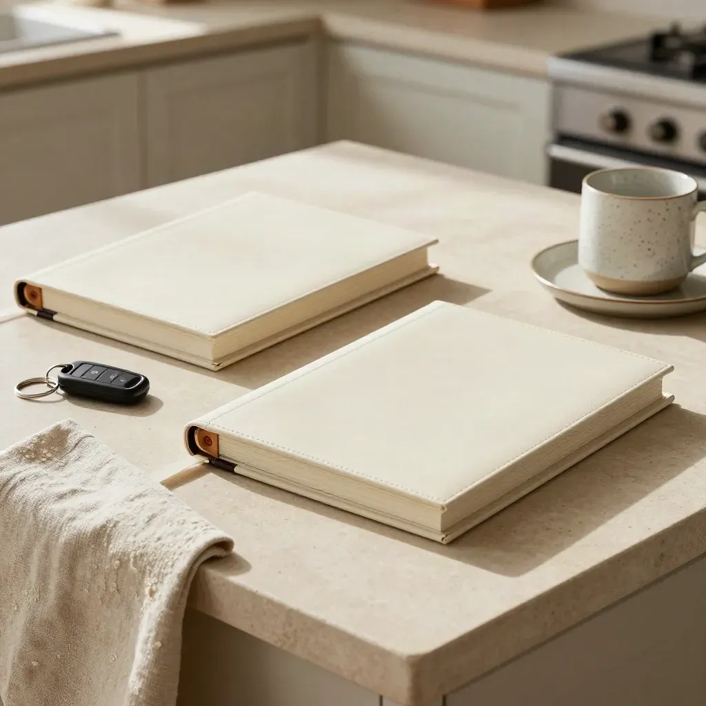 Policy binders, keys, key fob and mug on a pale kitchen island in warm daylight.