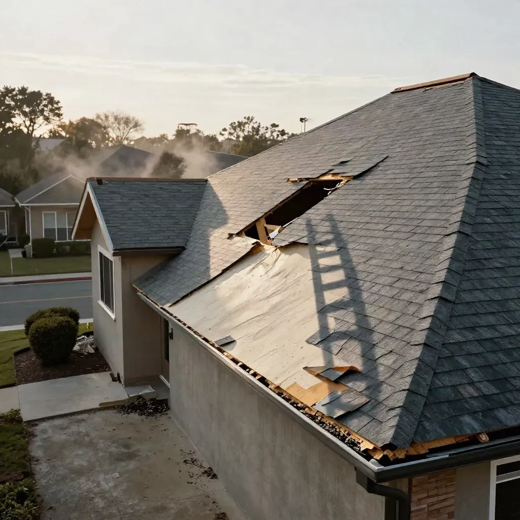 Unfinished roof repair on a suburban house with exposed shingles and debris