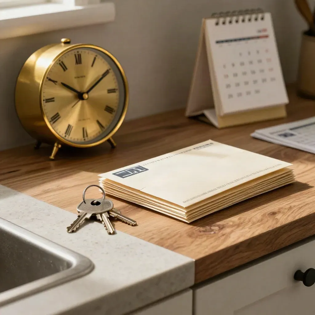 Brass clock, sealed mail, turned calendar, and keys on a kitchen counter in soft morning light.