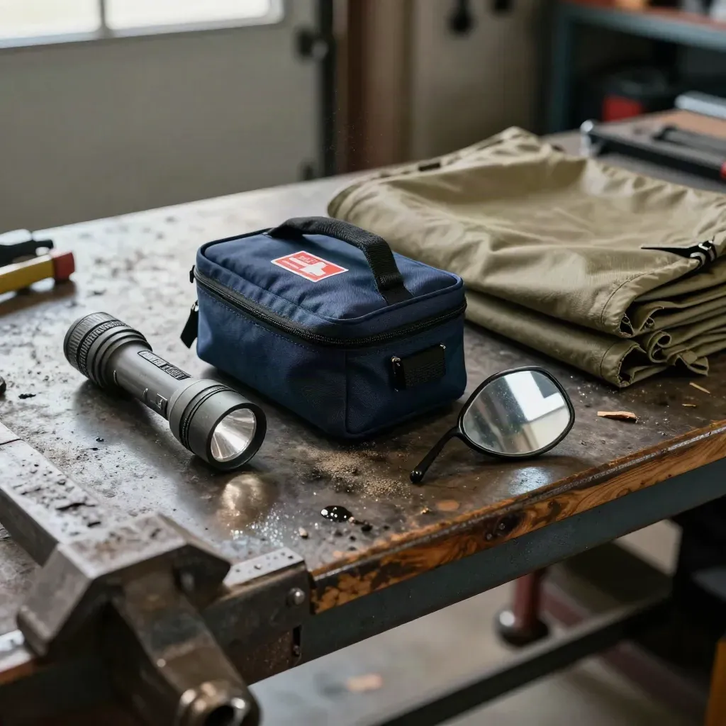 Garage workbench with flashlight, emergency kit, tarp, and bent side mirror near a vise.