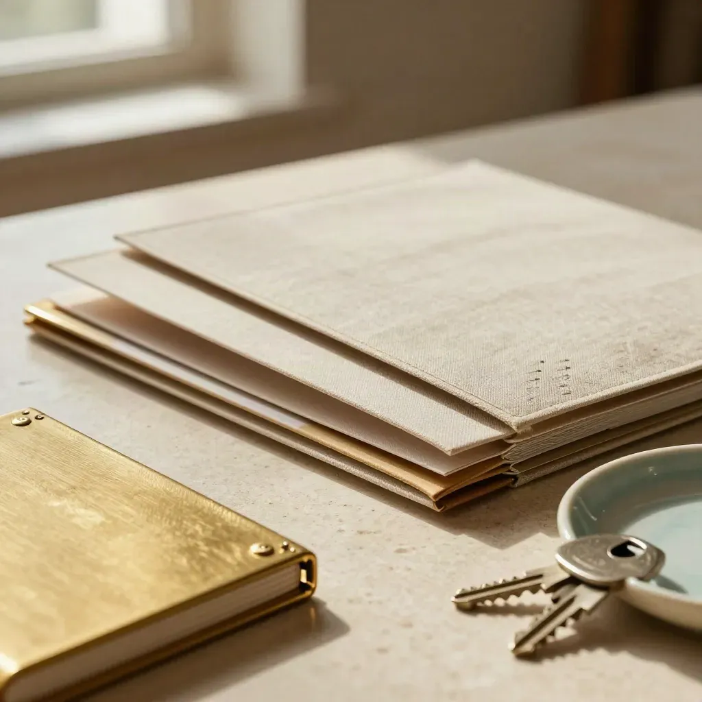 Three folders, a brass address book, office keys and a ceramic tray on a warm brokerage desk.