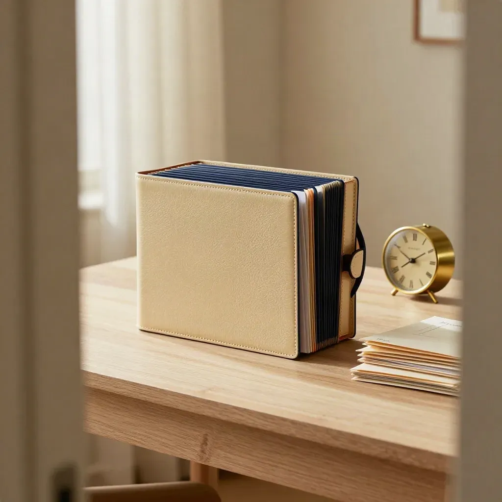 Sunlit home office desk with a renewal file organizer, brass clock, and sealed mail.