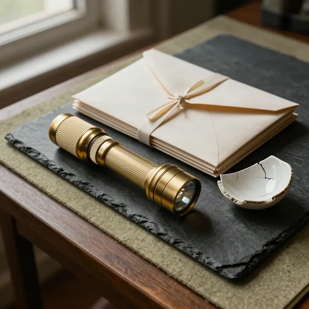 Claim kit with envelopes, flashlight, and cracked bowl fragment on a diagonal worktable.