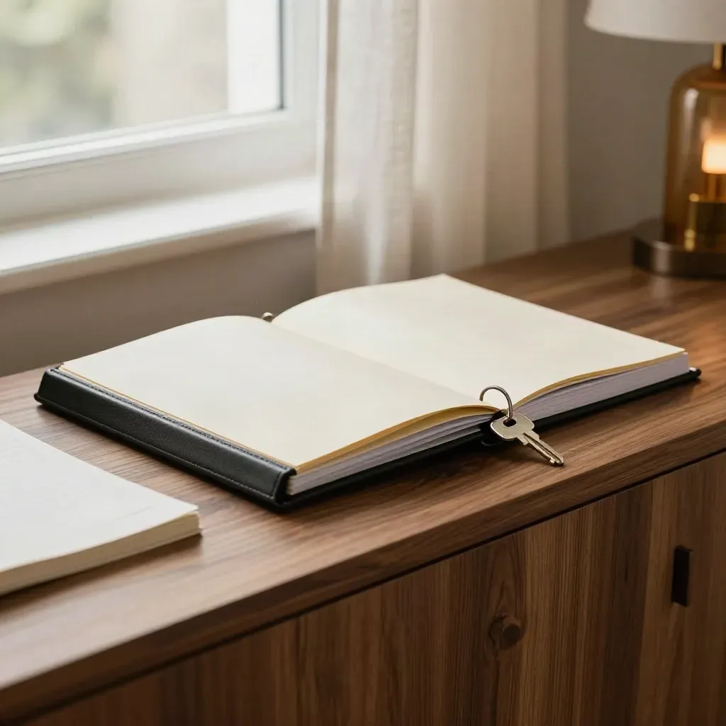 Open binder, house key, and folded notebook on a walnut sideboard by a glowing window.