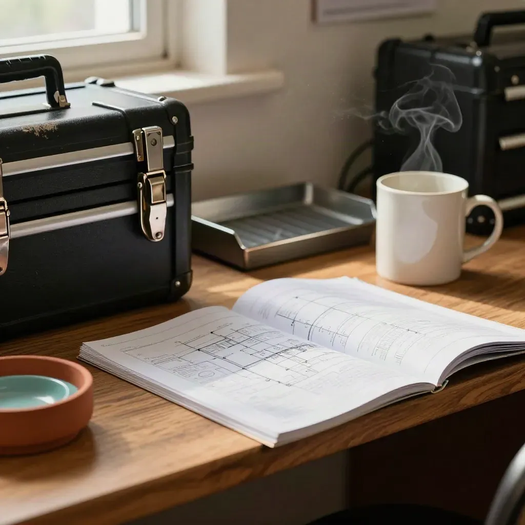 Tool cases, receipt tray, mug, and folded floor-plan sheet on a shop desk in morning light.