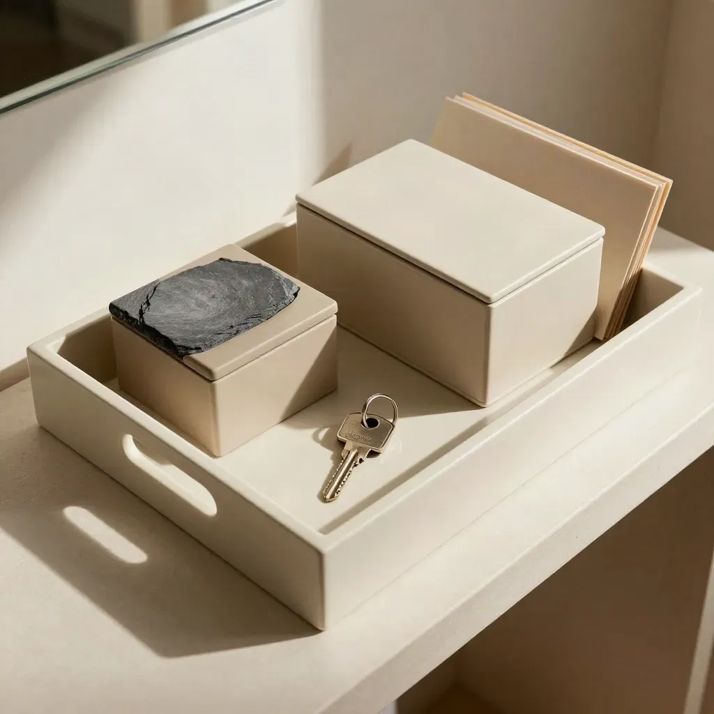 Top-down tray with key, nested boxes, paperweight and folders in soft daylight