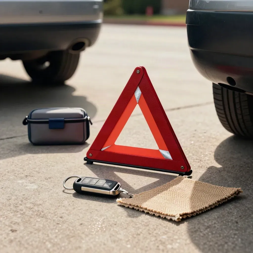 Car key fob, folded warning triangle, organizer, and seat-fabric swatch on a sunlit driveway.