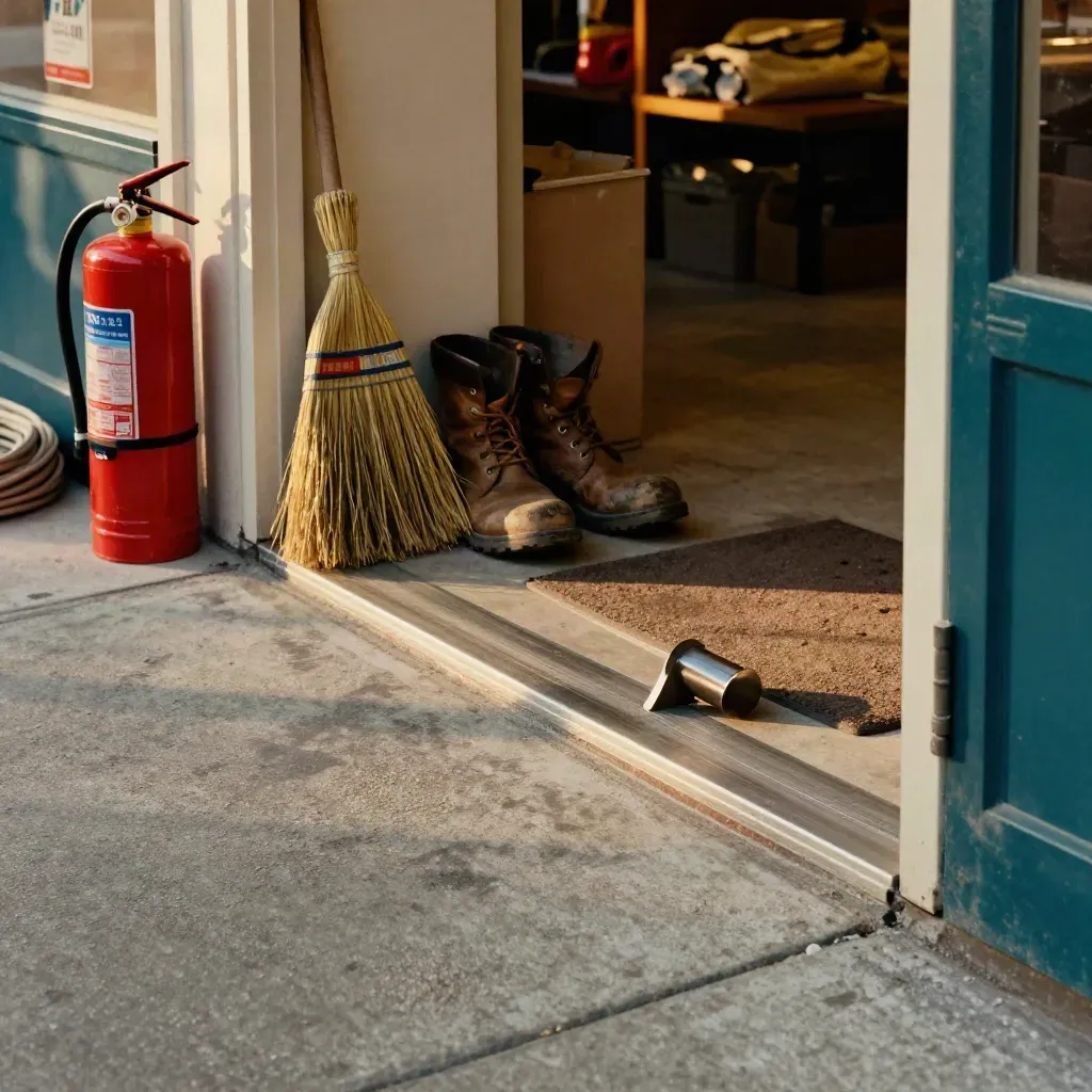 Shop doorway with boots, broom and fire extinguisher in warm late-afternoon light