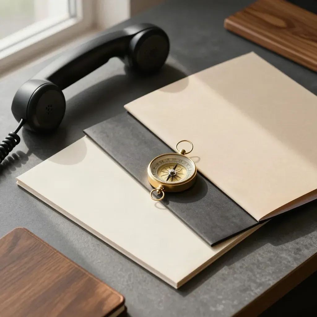 Closed policy folders, phone receiver and brass compass on a desk, aligned for agent matching.