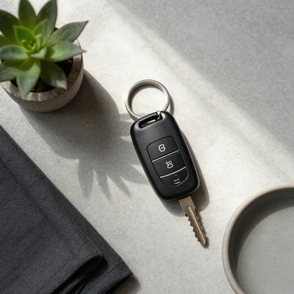 Black car key fob with plant, cloth and dish on pale concrete in soft daylight.