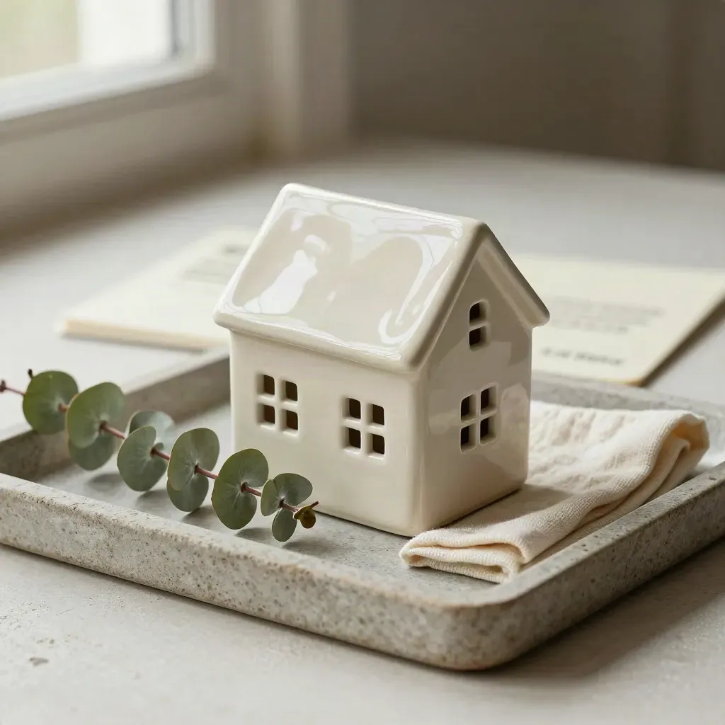 Ceramic house, roof tile sample, eucalyptus and cream cloth on a stone tray