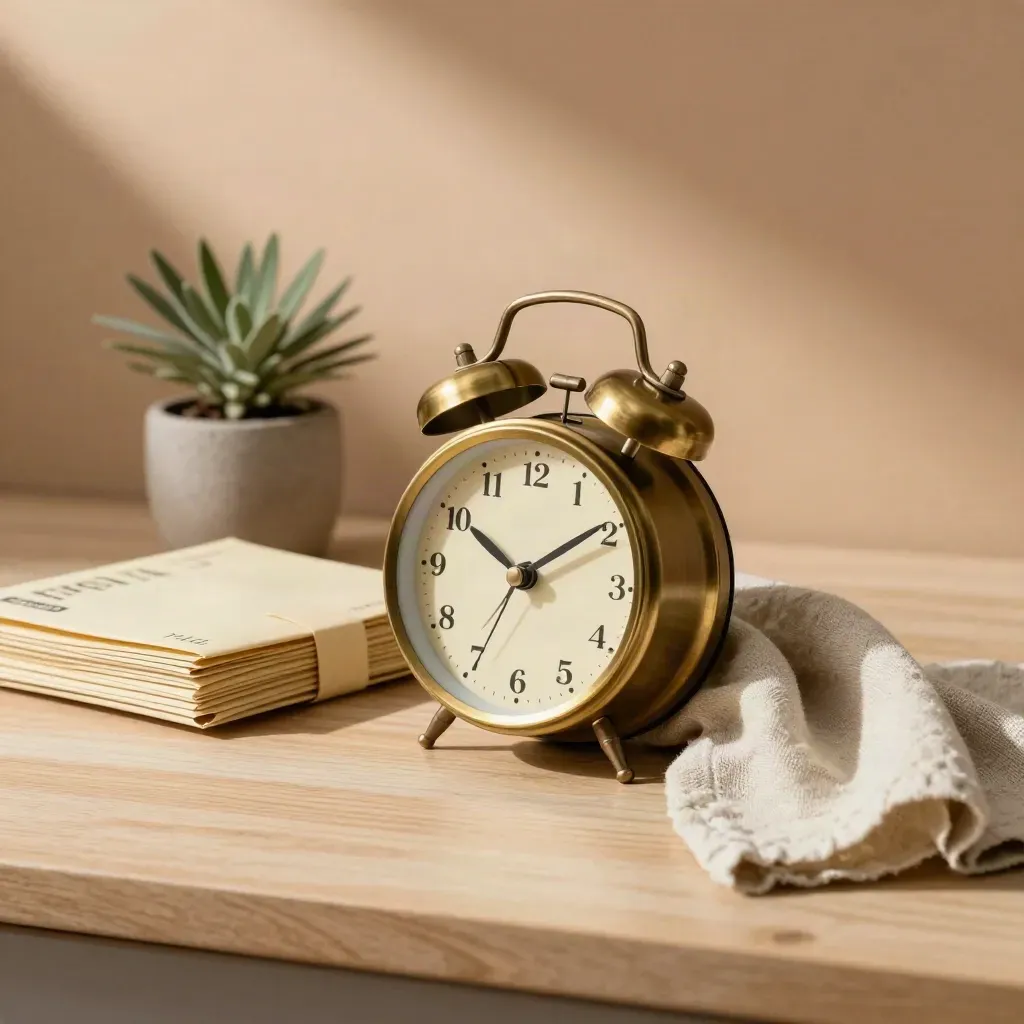 Brass alarm clock beside sealed mail, plant, and linen cloth on a pale wood desk.
