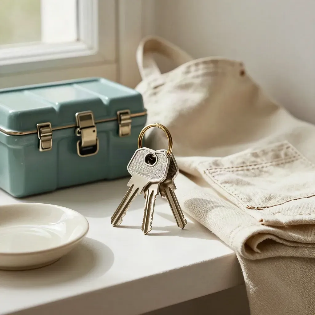 Key ring, mini toolbox, folded apron and ceramic dish on a pale shelf in soft window light.