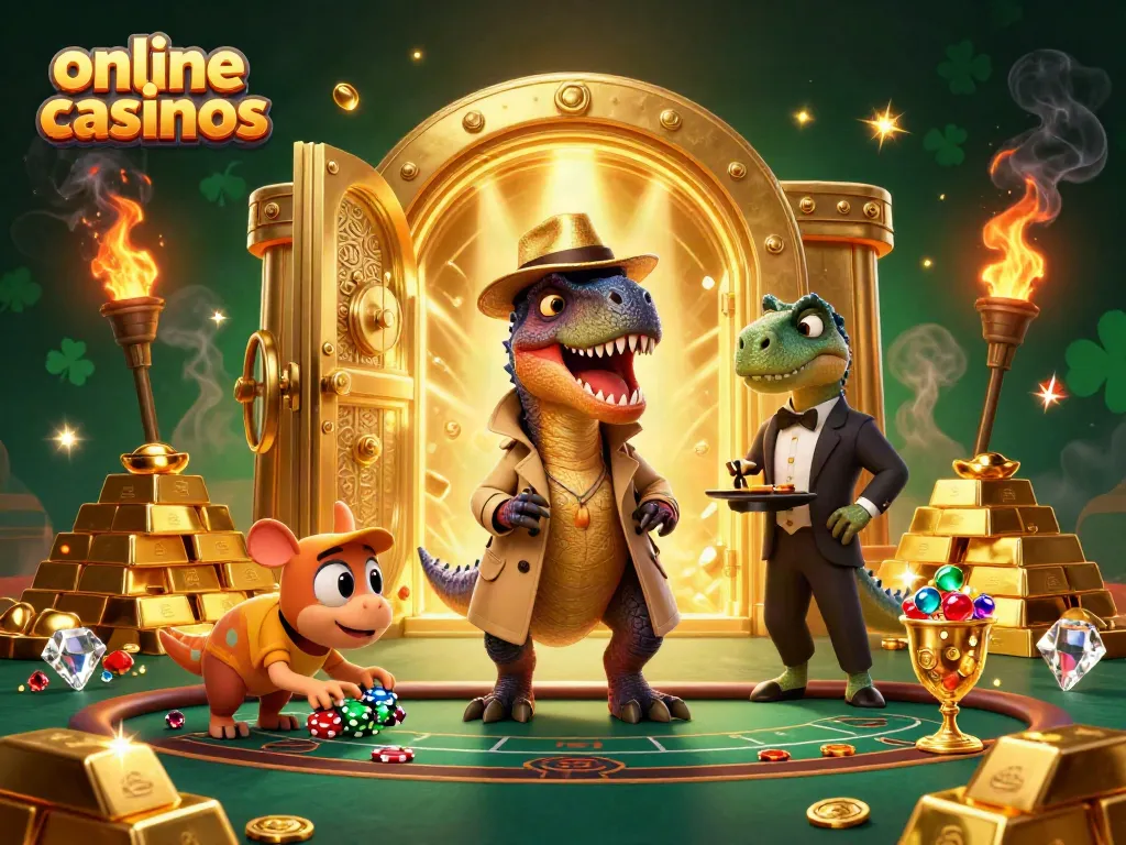 Vibrant scene of online casinos with card counting velociraptor and pit boss