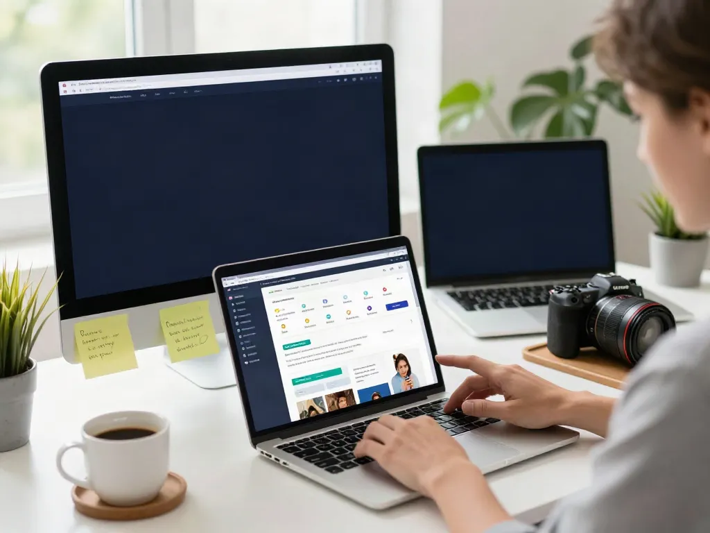User exploring 링크모음 in a modern digital workspace with a laptop and vibrant link layout on screen.
