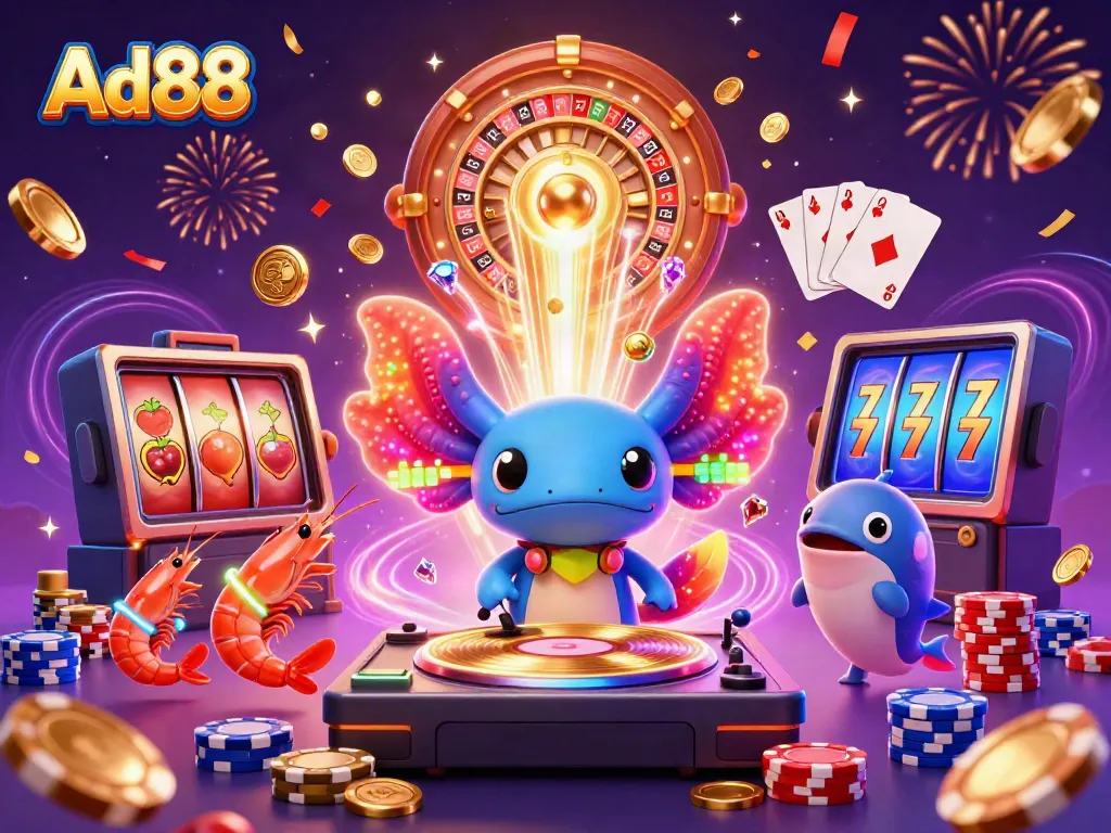 Experience Ad88's vibrant casino scene with neon axolotl DJ and animated sea creatures amidst cascading coins and slot games.
