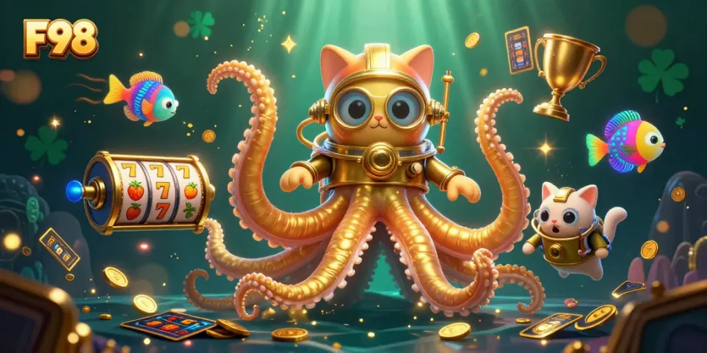 Experience F98 with a playful kraken and diving cat in a vibrant casino adventure.