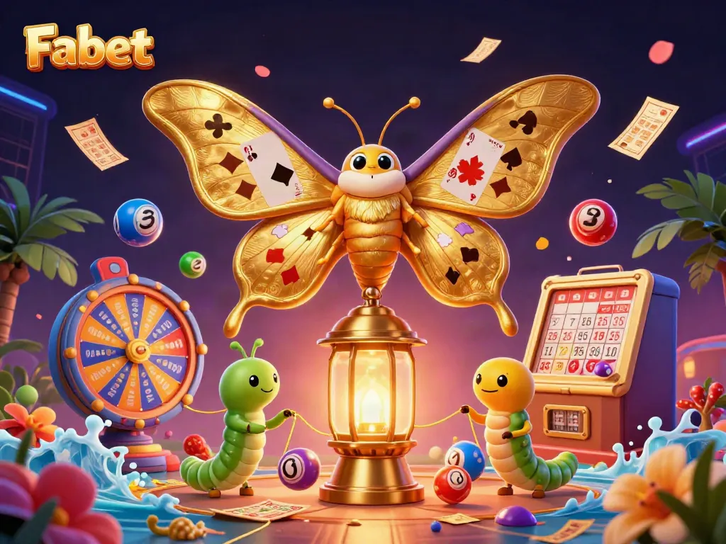Engage in thrilling moments at Fabet with dynamic lottery balls and a majestic moth in a vibrant casino scene.