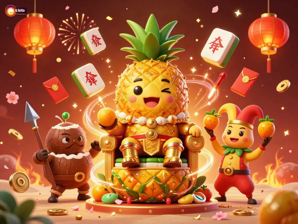 Experience exciting games on situs toto with a vibrant illustration of a 3D casino scene featuring a pineapple king.
