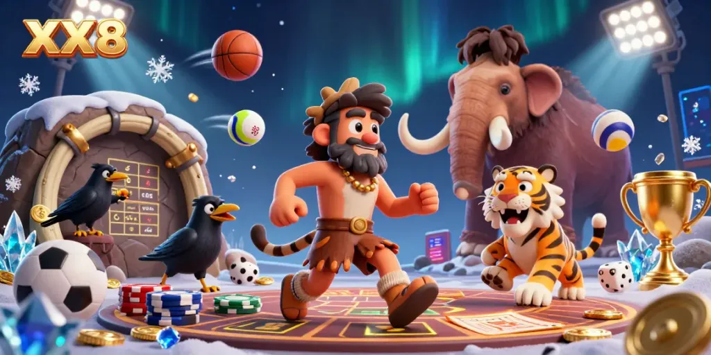 Experience the thrill of gaming with XX8's vibrant 3D casino featuring dynamic sports elements and cartoon characters.