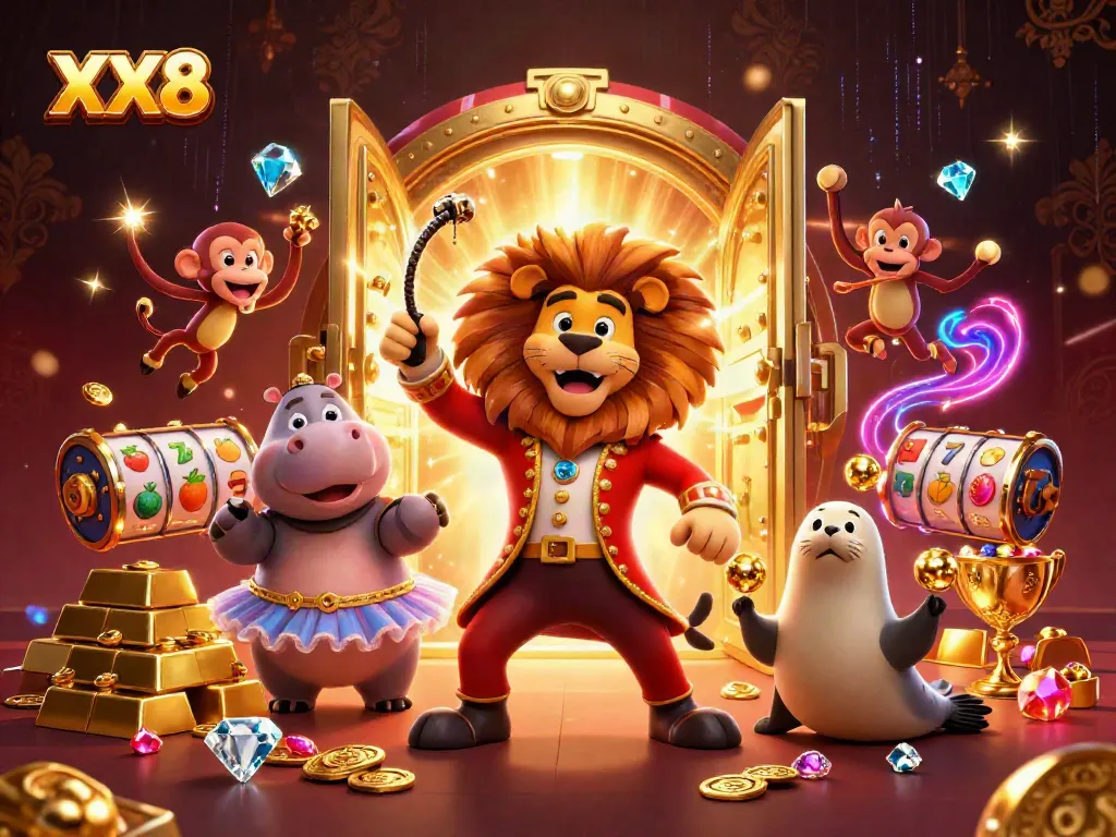 Experience the thrill of XX8 in this vibrant casino scene with animated characters and dazzling treasures.