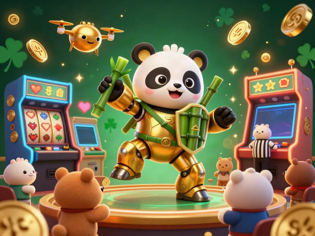 Experience thrilling slot gacor action with a golden panda in a vibrant 3D casino scene.