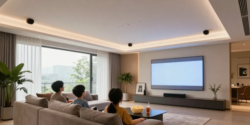 Modern living room with recessed اسپیکر سقفی, family enjoying movie night, warm ambiance.