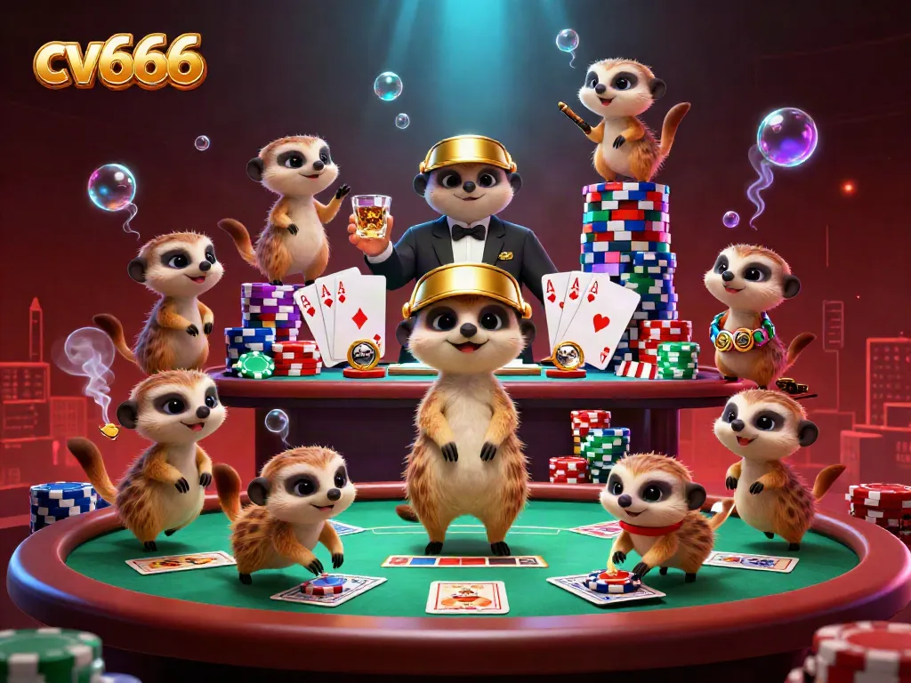 cv666 casino meerkats engaging in a lively poker game with vibrant colors and rich details