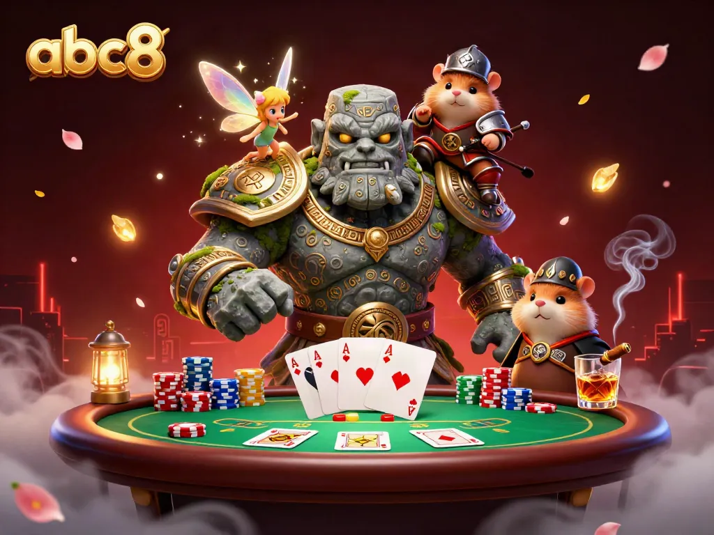 Experience the thrill of abc8: An enchanting scene with a golem and knight at a vibrant poker game.
