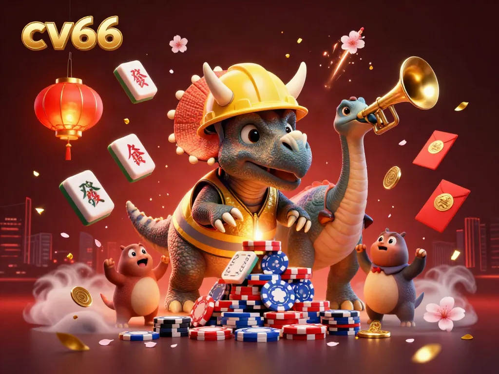 Celebrate victory with cv666 as a triceratops builds poker chip towers and colorful decorations fill the air.