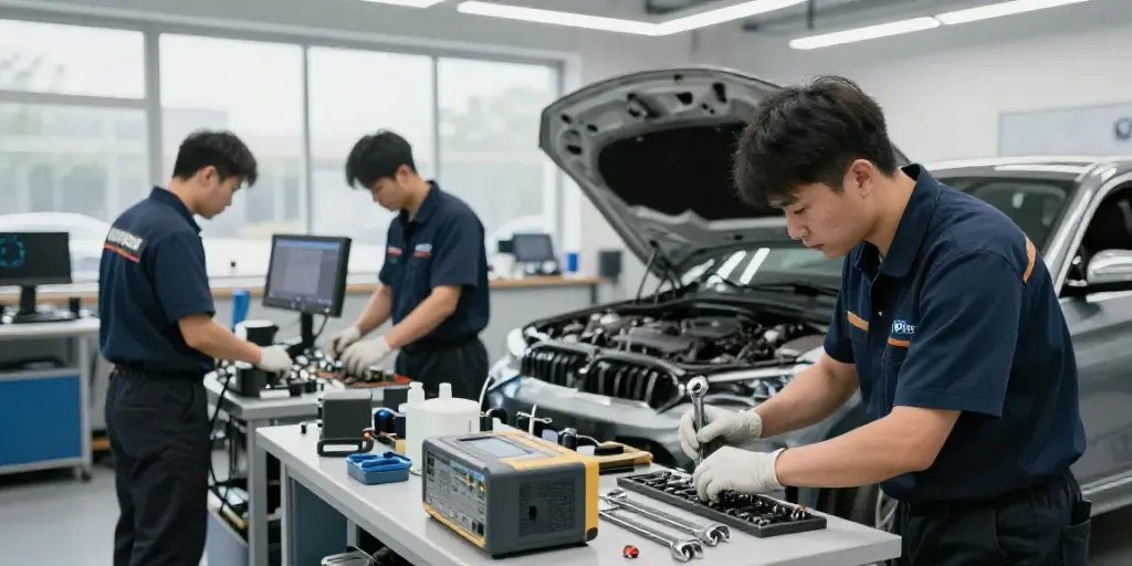 Professional BMW workshop with skilled technicians performing maintenance, showcasing bmw werkstatt hannover.