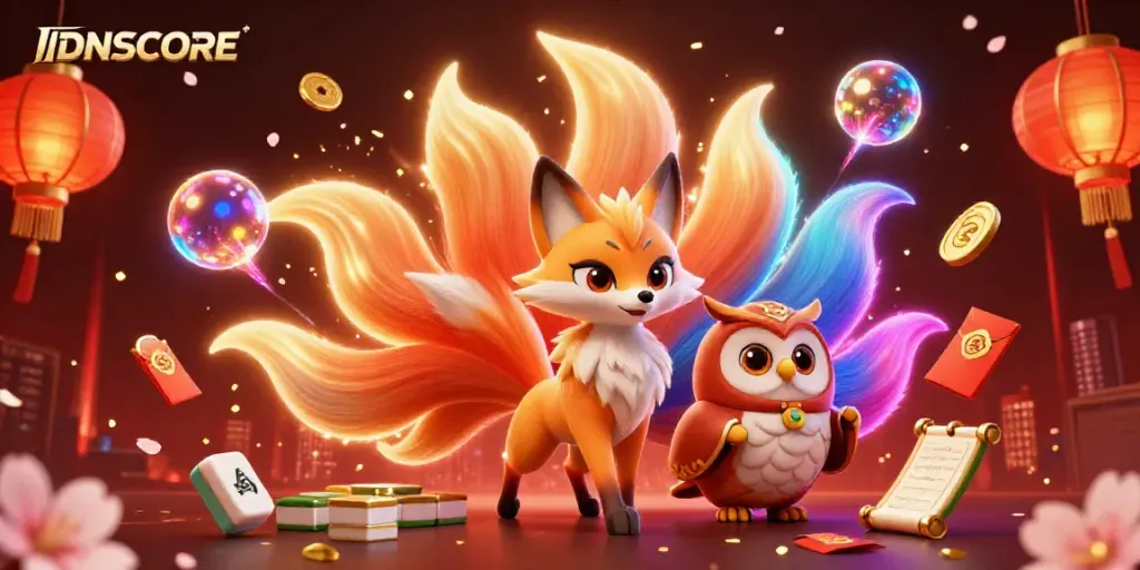 IDNSCORE showcases a vibrant 3D illustration of a nine-tailed fox, owl sage, and dynamic casino elements.