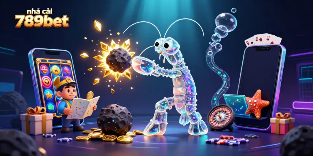Engage with nhà cái 789bet in a visually dynamic casino scene featuring vibrant slot game elements and golden rewards.