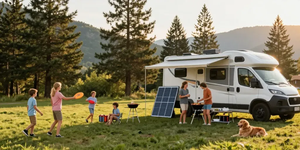 Family camping with lithium batteries for RV, enjoying outdoor barbecue near camper van.