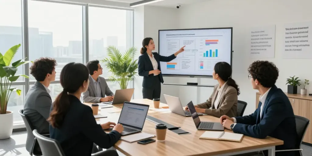 Collaborative leadership training for organizations session in a modern office with a diverse team.