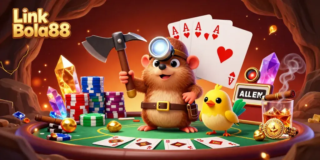 Experience the thrills of Link Bola88 with a cartoon mole treasure hunter amidst poker chips and casino themes.