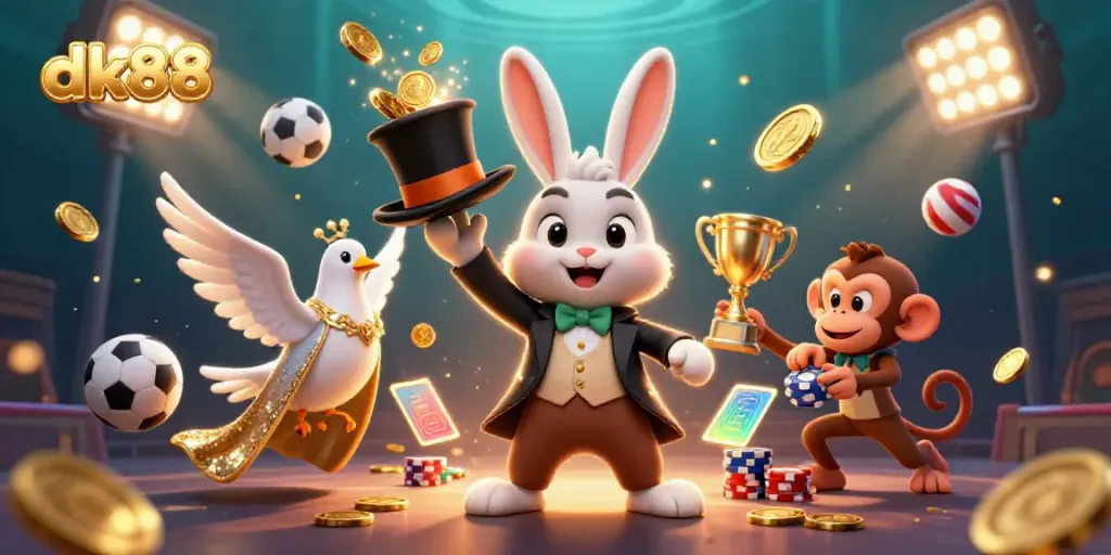 Watch the dk88 themed 3D casino scene come to life, featuring a magician rabbit and playful elements.