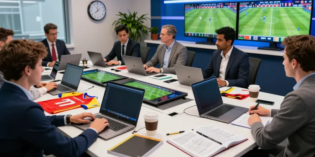 Live football news coverage with journalists discussing transfer updates and match results in a vibrant newsroom.