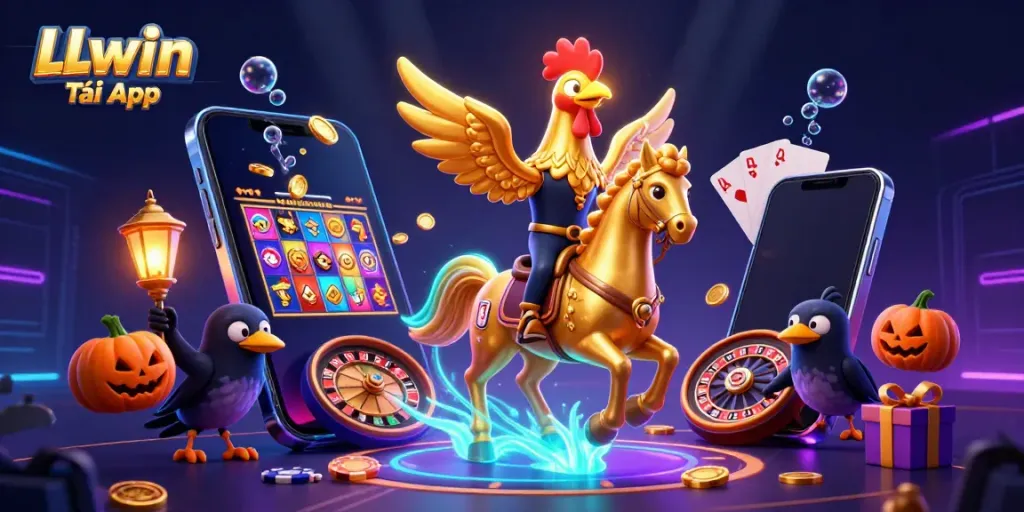 Experience LLwin Tải App with engaging characters and dynamic casino elements, showcasing vibrant gambling action.
