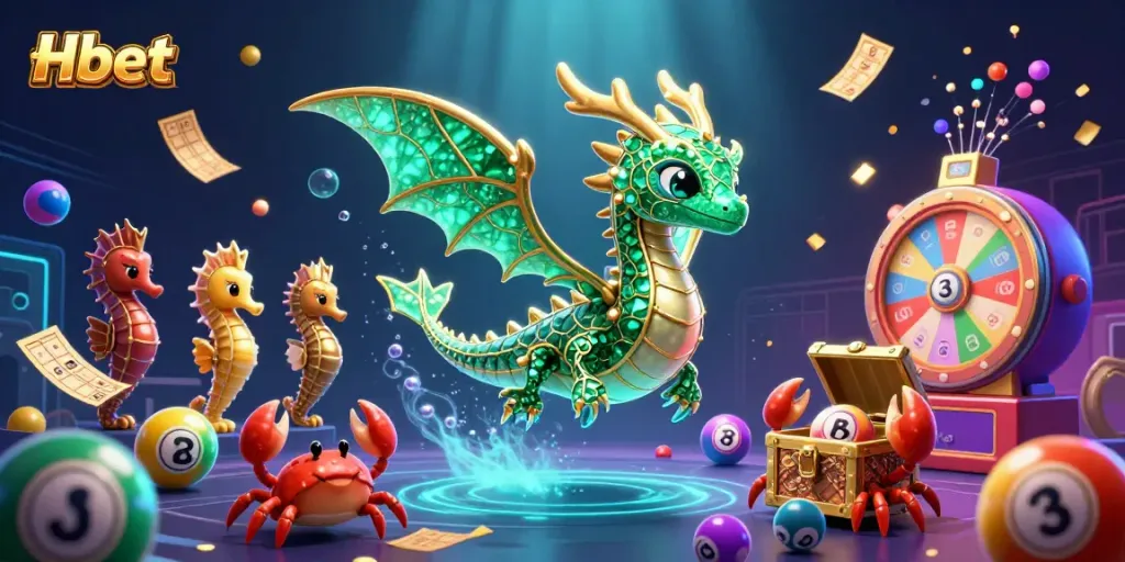 Experience Hbet excitement with a vibrant 3D scene showcasing colorful lottery elements and a majestic sea dragon.
